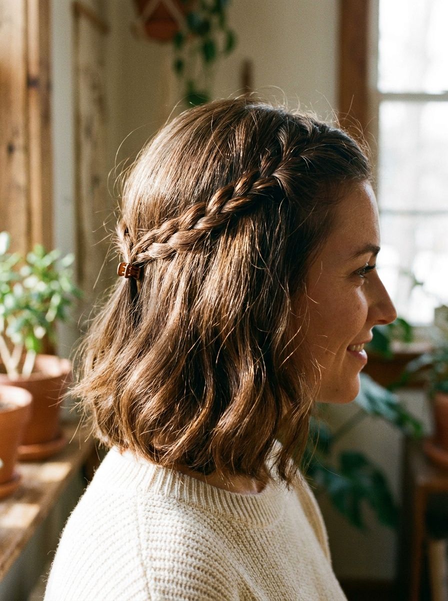 Half-up Bob mit zwei kleinen Flechtpartien - Flechtfrisuren für den Bob